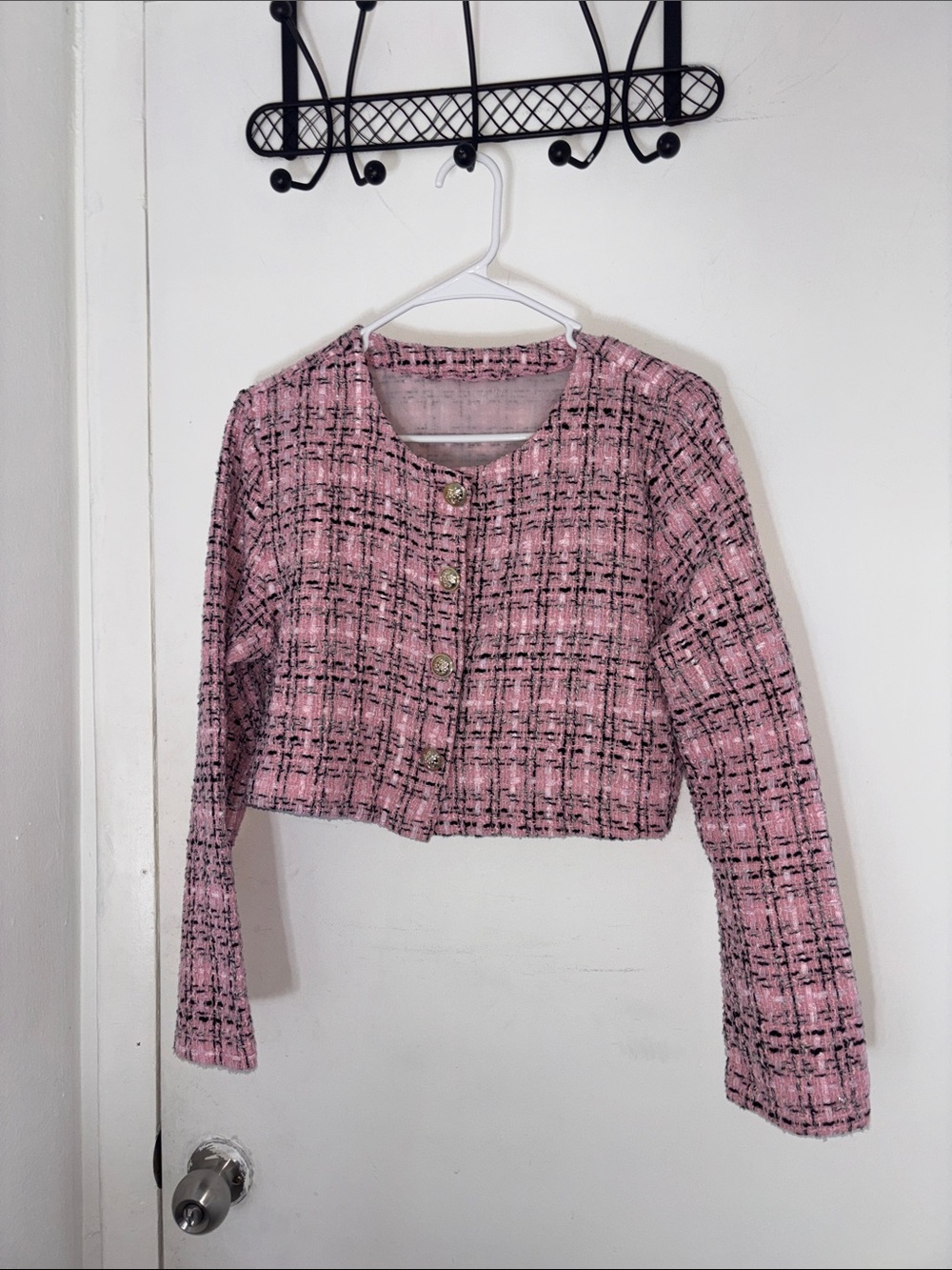 Cropped Pink Tweed Button-Front Blazer